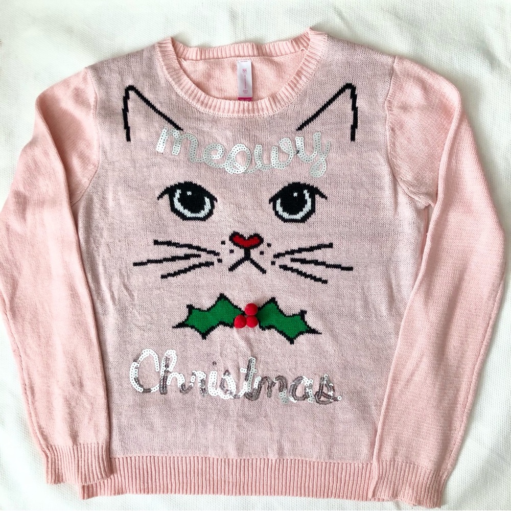 Light Pink Cat Meowy Christmas Sweater Sequins Ugly Cute XXL. sparkle 19